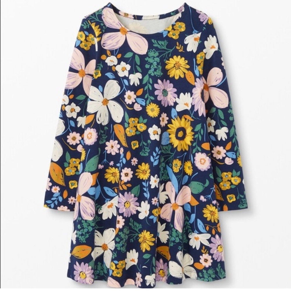 HANNA ANDERSSON Swing Pocket Dress Blue Navy Floral Long Sleeve Dress 10